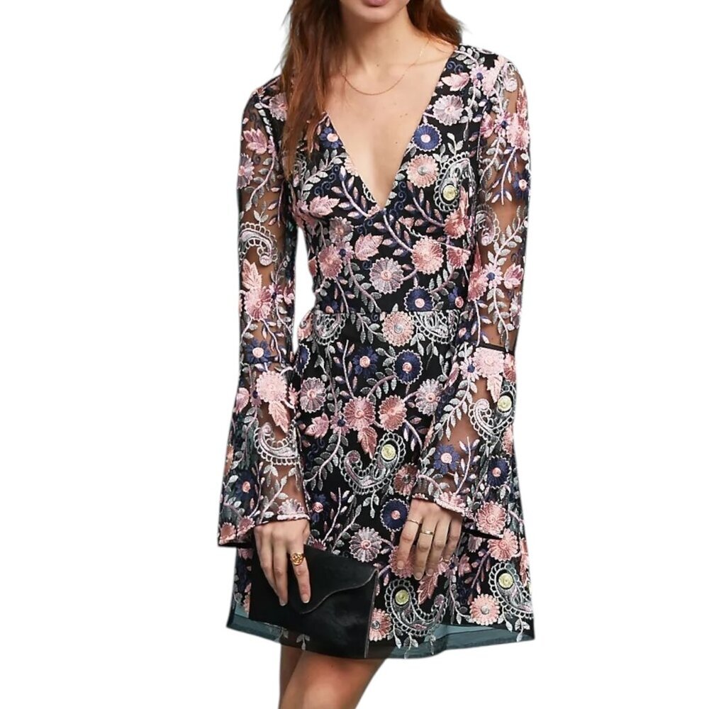 Monique Lhuillier Black Floral Mini Dress with Pink Embroidery